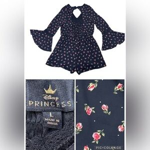 Disney Princess Black Roses Boho Shorts Long Sleeve Romper Size Large
